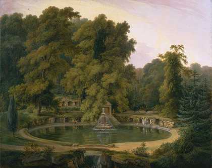 塞津科特公园的寺庙、喷泉和洞穴`Temple, Fountain and Cave in Sezincote Park (1819) by Thomas Daniell