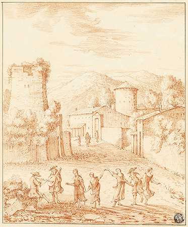 舞蹈家和音乐家来到了一座被毁坏的塔楼前的村庄`Dancers and Musicians Before Village with Ruined Tower by Claude Lorrain