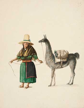 印度女人和美洲驼`Indian Woman and Llama (ca. 1850) by Francisco Fierro
