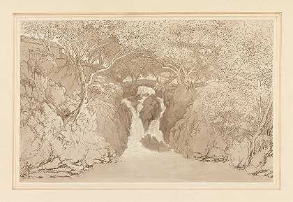 莱德尔瀑布下游。`Lower waterfall Rydal. by Joseph Farington