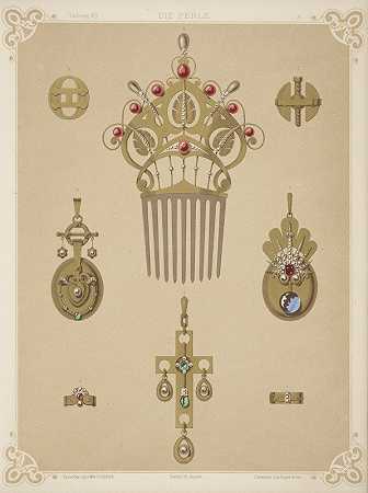 八种珠宝设计，包括带有红色和灰色珍珠的金梳子。`Eight Designs For Jewelry, Including Gold Comb With Red And Gray Pearls. (1872 ~ 1873) by Martin Gerlach
