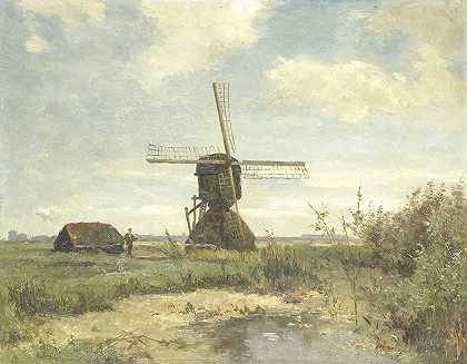 ;晴朗的一天，水道上的风车`Sunny Day, a Windmill on a Waterway (c. 1860 ~ c. 1903) by Paul Joseph Constantin Gabriël