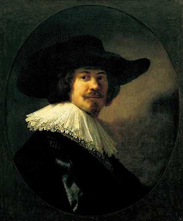 一个戴宽边帽的男人的肖像`Portrait of a Man in a Broad~Brimmed Hat (1635) by Rembrandt van Rijn