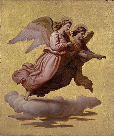 漂浮的两个天使2`Two Angels Floating II (1865) by Johann von Schraudolph