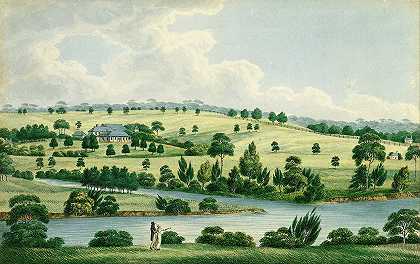 约翰·麦克阿瑟Esq在新南威尔士州帕拉马塔附近的住所。`Residence of John Macarthur Esq near Parramatta N.S.W. (circa 1823) by Joseph Lycett