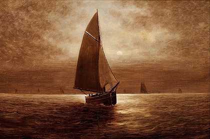 夜间航行`Sailing at Night (circa 1900) by Elbridge Wesley Webber
