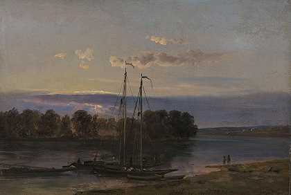 日落时的易北河`The Elbe at Sunset (1821) by Johan Christian Dahl