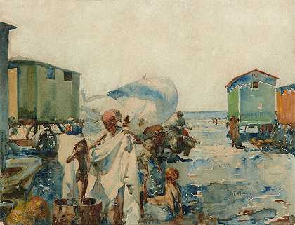 在手推车旁的海滩上洗澡`Bathing on the Beach beside the Carts (c. 1915) by José Navarro y Llorens