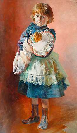 艺术家朱莉娅的肖像她的女儿，带着一个洋娃娃`Portrait of Julia, artists daughter, with a doll (1893) by Jacek Malczewski