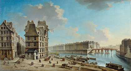 罢工，圣路易斯岛和红桥，从罢工广场看`La Grève, lIle Saint~Louis et le Pont Rouge, vus de la place de la Grève (1754) by Nicolas Jean-Baptiste Raguenet