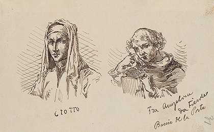 描绘乔托·迪·邦多尼和弗拉·安吉利科肖像的版画`Drawings of Engraving Depicting Portraits of Giotto di Bondone and Fra Angelico (1887) by Stanisław Wyspiański