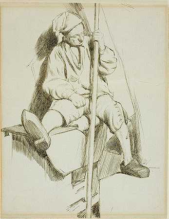 男子坐着，左手拿着拐杖`Man Seated, Holding Staff in Left Hand (1860~69) by Charles Samuel Keene