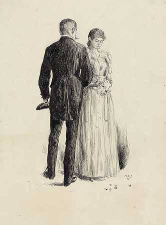 男人，背对着观众，面对着年轻女子在采摘花束`Man, with back to viewer, facing young woman plucking at bouquet (1896) by Albert Sterner