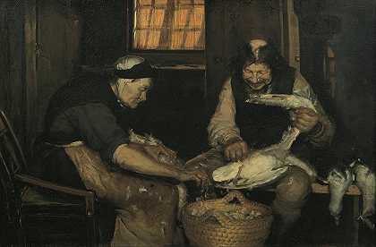 一对老夫妇在抓海鸥。拉尔斯·盖赫德和老莱恩`Old couple plucking gulls. Lars Gaihede and old Lene (circa 1883) by Anna Ancher