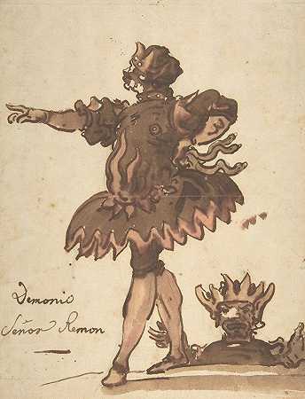 为玛丽·路易斯·德·波旁与莱奥波尔德·哈布斯堡·洛林大公的婚礼庆典期间举行的一场表演而设计的恶魔服装（塞纳或雷蒙）`Costume Design for a Demon (Señor Remon), for a performance held during the celebration of the wedding of Marie~Louise de Bourbon with Archduke Léopold de Habsbourg~Lorraine (ca. 1764) by Charles de La Traverse