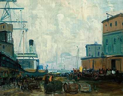 波士顿码头现场`Dock Scene, Boston by Arthur Clifton Goodwin