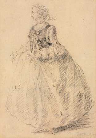 戴着貂皮套的站着的女人`Standing Woman with an Ermine Muff (18th century) by Giovanni Paolo Panini
