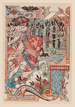 骑在马上的骑士用长矛对准一个恶魔`Chevalier sur son cheval pointant sa lance contre un diablotin by Eugène Grasset