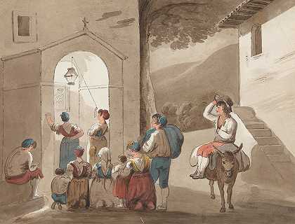 在Pinnelli之后——教堂外的一群农民`After Pinnelli – Group of Peasants Outside a Church (1817) by Isaac Weld
