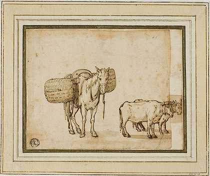 骡子提着篮子，一对有轭的公牛`Mule Carrying Baskets, Pair of Yoked Oxen by Cornelis De Wael