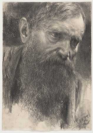 一个留着胡子的男人的头`Head of a Bearded Man in Half~Profile (1894) by Adolph Menzel