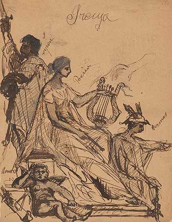;格雷西亚-被描述为诗歌、赫尔墨斯、丘比特和骑士的人物群`Grecya – figural group of characters described as Poetry, Hermes, Cupid and knight (1883) by Stanisław Wyspiański