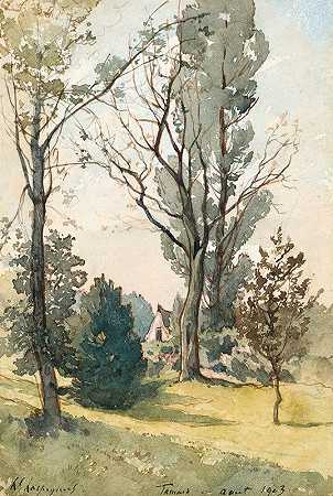 法玛斯森林里的房子`Maison dans les bois de Famars (1903) by Henri-Joseph Harpignies