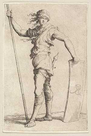 手持拐杖和盾牌的士兵，面朝左侧`Soldier Holding a Cane and His Shield, Facing Left (1656 ~ 1657) by Salvator Rosa