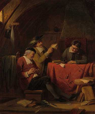 屋内有一个愉快的同伴`Een interieur met een vrolijk gezelschap (1828~1860) by Louis Somers