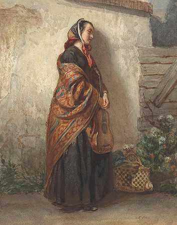 拿着吉他的站着的女人`Staande vrouw met gitaar (1848 ~ 1865) by Maurits Leon