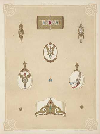 十种珠宝设计，包括珠宝中带有Anona字样的金手镯。`Ten Designs For Jewelry, Including Gold Bracelet With Word Anona In Jewels. (1872 ~ 1873) by Martin Gerlach