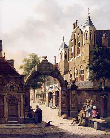 荷兰街景，前景人物`Dutch Street Scene with Figures in the Foreground by Jan Hendrik Verheijen