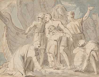 历史题材与一艘船附近的男人和一个男孩`Historical Subject with Men and a Boy Near a Ship (1770–80) by William Hamilton