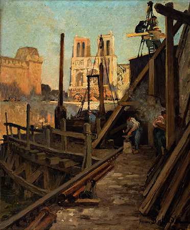 圣米歇尔码头地铁工程`Les travaux du métropolitain au quai Saint~Michel (1906) by Henri Dabadie