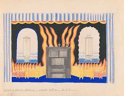 燃煤热水器和家具的商业或贸易展览设计。][火焰透景观]`Designs for staged commercial or trade exhibition displays of coal~fired water heaters and furniture.] [Perspective sketch featuring flames (1925) by Winold Reiss