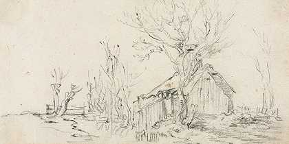 平房景观素描`Sketch of Landscape with Cottage (c. 1630) by Jan van Goyen