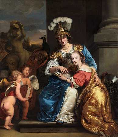 玛格丽塔以密涅瓦的身份旅行，指导她的妹妹安娜·玛丽亚旅行`Margarita Trip As Minerva, Instructing Her Sister Anna Maria Trip (1663) by Ferdinand Bol