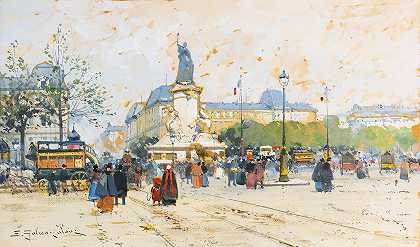 公共广场`La Place De La République by Eugène Galien-Laloue