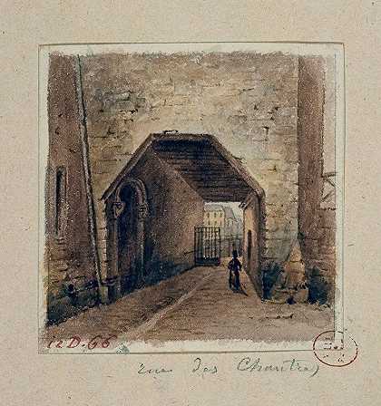 尚特尔街（在花卉码头和查诺内斯街之间）。`Rue des chantres (entre le quai aux fleurs et la rue Chanoinesse). (1810) by Auguste-Sébastien Bénard
