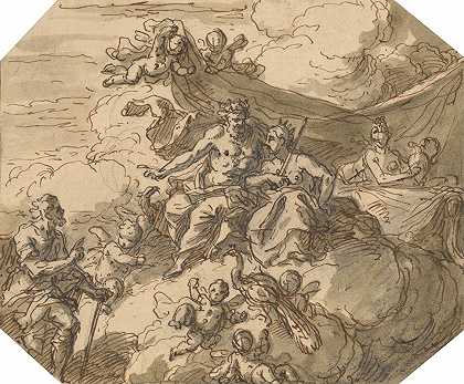 设计一个神话场景，与朱庇特和朱诺`Design for a Mythological Scene, with Jupiter and Juno by Sir James Thornhill