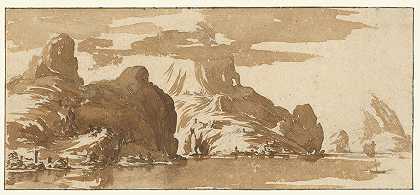 湖对岸群山的景色`A View of Mountains Across a Lake (1632) by Jacques Callot