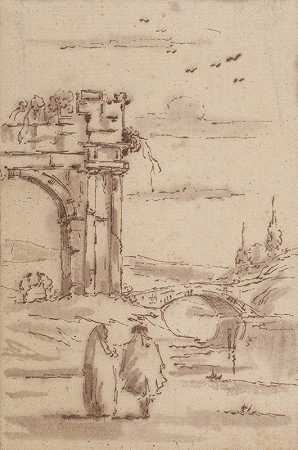 废墟中的两个人`Two Figures in a Landscape with Ruins (mid~18th century) by Francesco Guardi