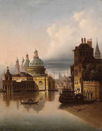 威尼斯卡布里奇奥运河上的场景`Capriccio, Venice, Scene on a Canal by Johann Wilhelm Jankowsky