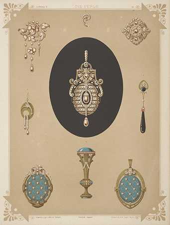 九种珠宝设计，包括珍珠和钻石的大胸针。`Nine Designs For Jewelry, Including Large Brooch Of Pearls And Diamonds. (1872 ~ 1873) by Martin Gerlach