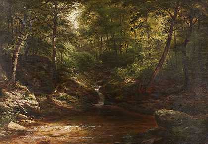 森林中的瀑布`Waterfall in the Forest (1865) by George Hetzel