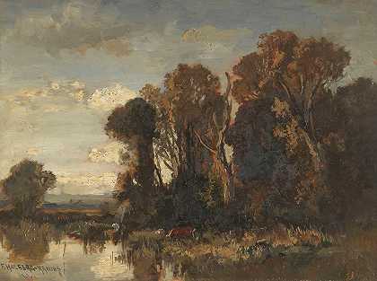 河流景观与奶牛`Flusslandschaft mit Kühen by Fritz Halberg-Krauss