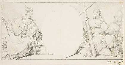 寓言式的宗教和威尼斯人物，侧翼是一张空的卡通切画`Allegorical Figures of Religion and Venice Flanking an Empty Cartouche (1709–87) by Francesco Zugno