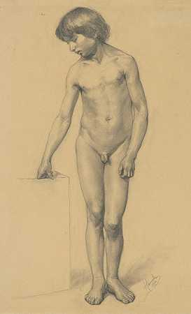 一个男孩的研究她裸体躺在基座上`A study of a boys nude resting on a pedestal by Jozef Hanula