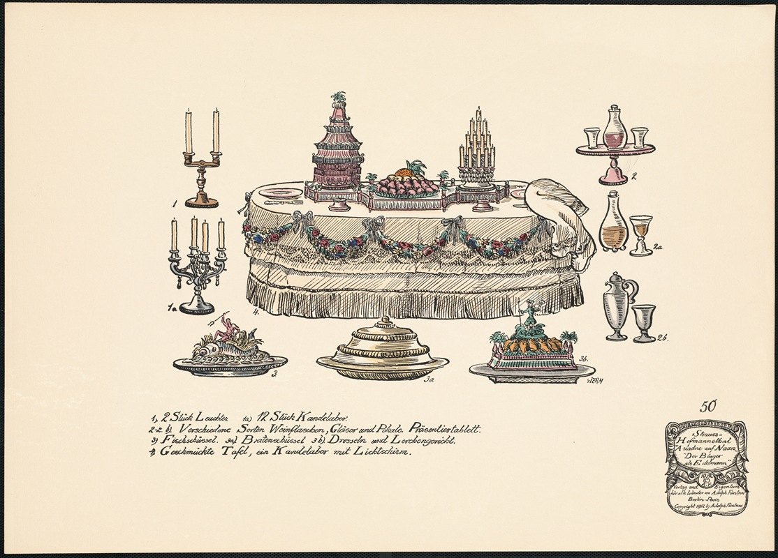 餐桌和吊灯`Speisetisch und Leuchter (1912) by Ernst Stern