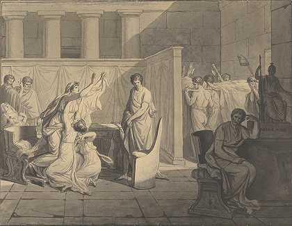 利克特人把布鲁特斯儿子的尸体带来了`The Lictors Bringing Brutus the Bodies of His Sons (1787) by Jacques Louis David
